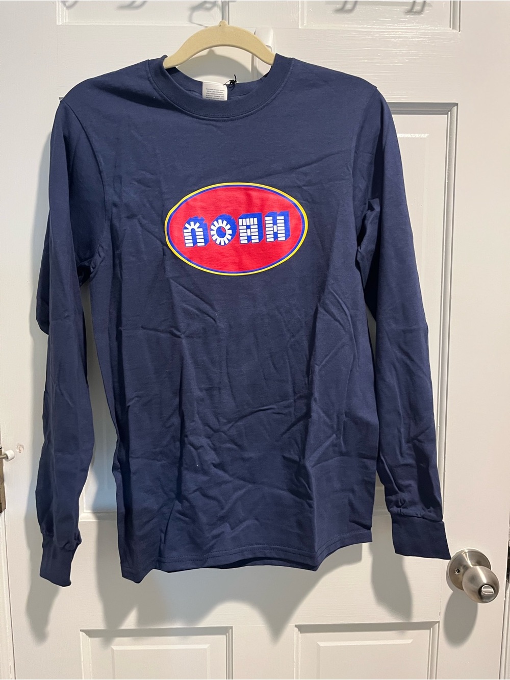 Noah NYC Navy Long-Sleeve Tee with Red Oval Logo Pez Font